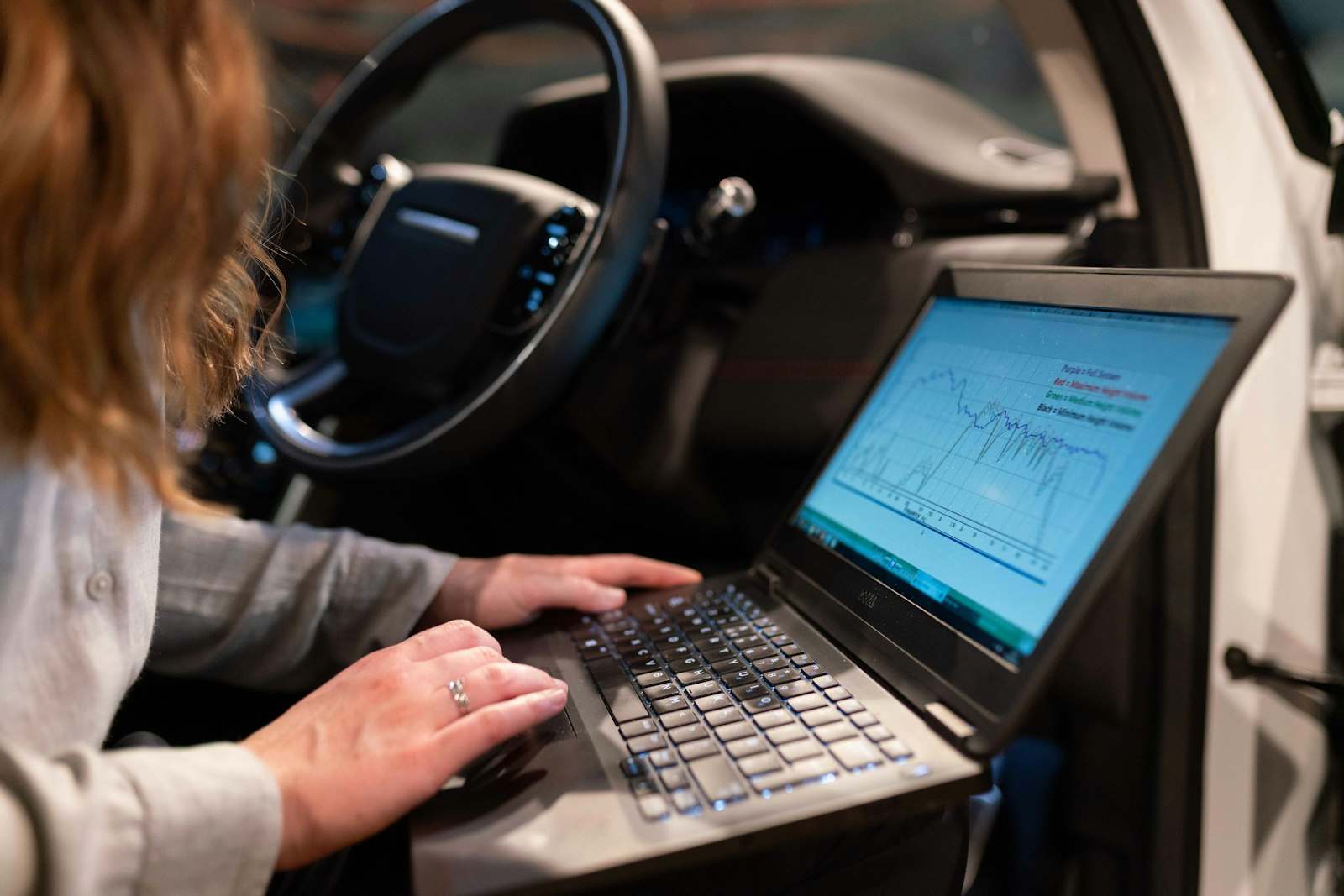 Kobieta pracuje na laptopie przy otwartych drzwiach samochodu